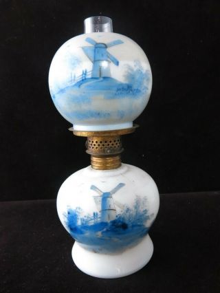 Antique White Milk Glass Hand Painted Blue Windmills Oil Lamp