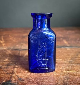 Small Antique Owl Drug Company Cobalt Blue Poison Bottle - 2 1/8 " Two - Wings
