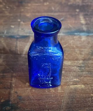 Small Antique Owl Drug Company Cobalt Blue Poison Bottle - 2 1/8 