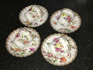 Antique Floral Dresden Demitasse Cups & Saucers X 4 Hand Painted Circa 1890