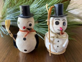 Vintage 3” Japan Spun Cotton Christmas Snowman Figures X 2,  V.