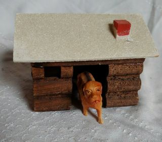 Vintage Putz Log Cabin Dog House " Snow Covered " Mica Roof W/celluloid Dog