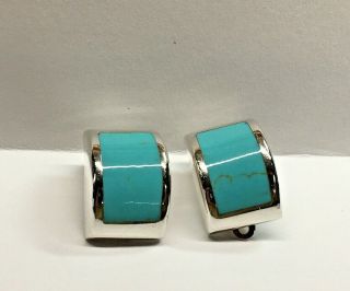 Vintage Mexico 925 Sterling Silver Inlaid Turquoise Earrings Clip On