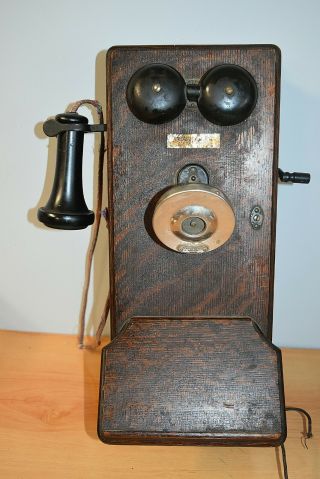 Antique Western Electric Hand Crank Wall Phone Oak Case Pat Date 1915