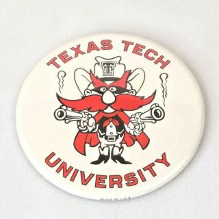 Large Vintage Texas Tech University Raider Red Button Pin Badge 3.  5 " Gun 