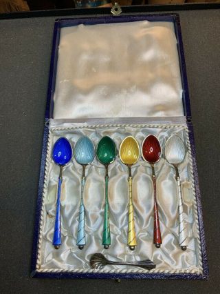 Set Of 6 Vintage Egon Lauridsen Guilloche Enamel Sterling Silver Souvenir Spoons