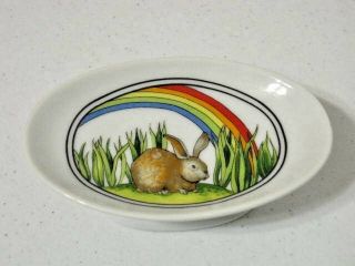 Vintage Enesco Pedestal Soap Dish 1975 Bunny Rainbow Porcelain