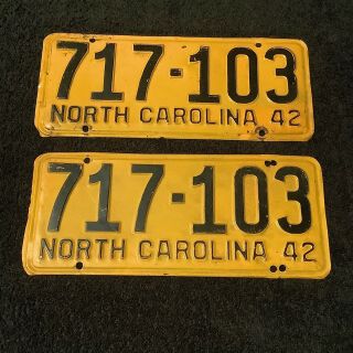 1942 North Carolina Nc Rare Vintage Matching Set Of License Plate Car Truck Tags