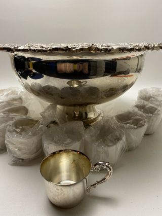 Vintage Grand Large Sheridan Silver Plate Punch Bowl W/ 12 Cups (11 Are Good)