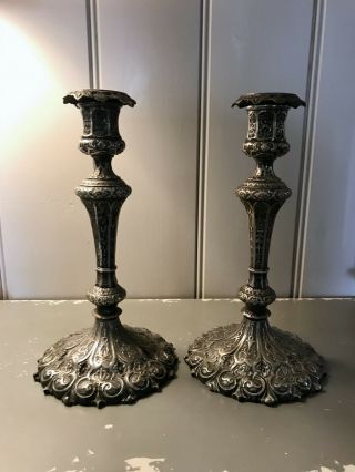 Antique Pair Silvered Metal Baroque/gothic Candlesticks.
