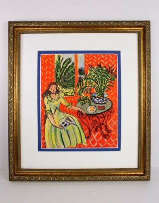 Matisse 1948 Antique Print Woman In A Green Dress Red Interior Framed Signed