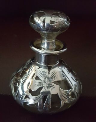 Antique Art Nouveau Sterling Silver Overlay Glass Perfume Bottle Flower Design