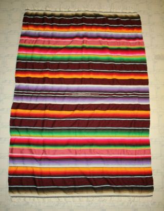 Vintage Mexican Serape Lightweight Thin Fringe Blanket Woven Colorful Striped