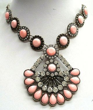 Stunning Vintage Estate Chunky Rhinestone Pink Bead Flower 19 " Necklace 3862e