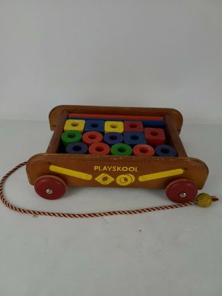 Vintage Playskool Wooden Wagon Pull Toy Wood Blocks Shapes