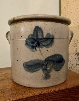 Antique Salt Glazed 7.  5” Stoneware Crock W Blue Floral Decoration