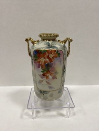 Vintage Nippon Hand Painted Porcelain Double Handle Vase Floral Motif 6 1/4”