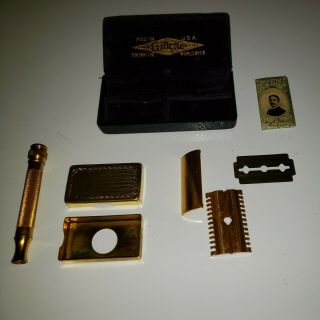 Vintage Gold Tone Gillette Safety Razor With Blades Blade Holder And Case Usa