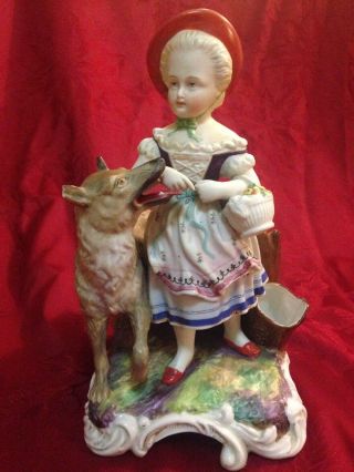 Antique Bisque Figural Smoke Set Match Holder Little Red Riding Hood & Wolf 9.  5 "