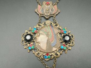 Antique Art Nouveau Signed Czech Bohemia Glass Egyptian Revival Drop Necklace