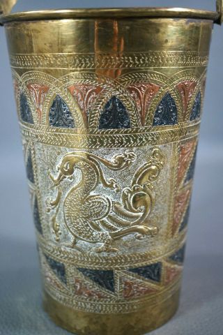 Antique Brass Mamluk Cairoware Sterling Silver,  Copper Inlaid Phoenix Bucket Bowl