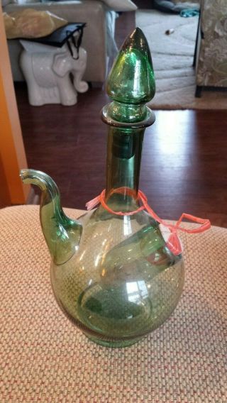 Vintage Mid Century Italian Green Blown Glass Wine Decanter With Ice Chamber