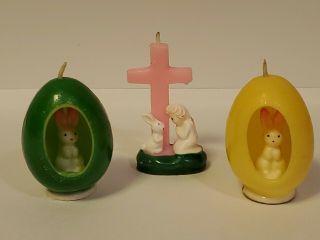 3 Vintage Gurley Easter Candles 2 Bunny In Egg 1 Cross