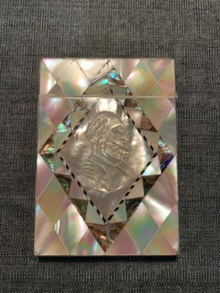 Antique Mother Of Pearl & Abalone Card Case With Carved Portrait Of Shakespeare