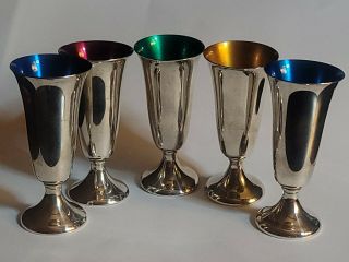 Signed Gorham Sterling Silver Cordial Cups Set Of 5 Colored Enamel Interior 951