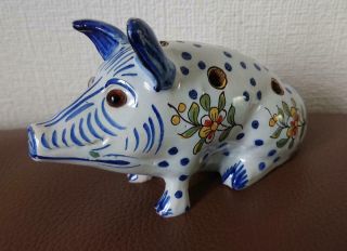 Antique 19th C French Faience Tin Glaze Pottery Desvres Pig - Flower Frog