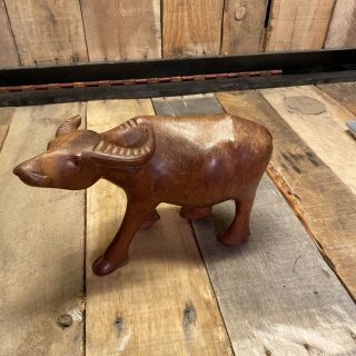 Vintage Water Buffalo Wood Figurine Hand Carved Home Decor Collectible Animal