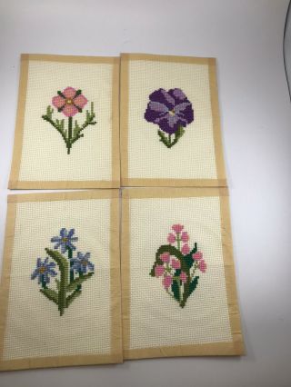 Vtg Set Of Four Completed Counted Cross Stitch Flower Bouquets For Framing