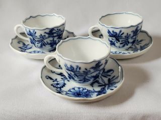 19th Century Meissen Carl Teichert Blue Onion 3 Cups And 3 Saucers Antique