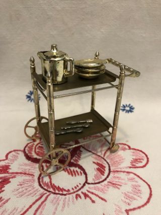 Vintage Miniature Dollhouse Rolling Gold Brass Metal Tea Bar Cart
