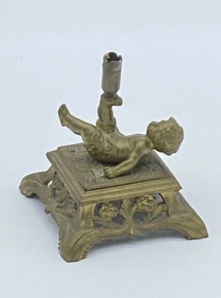 Antique Brass Figural Barefoot Child Filigree Deco Candle Pen Holder Candelabra