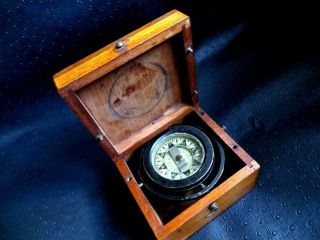 Antique Ships Compass / Lifeboat Gimbaled Binnacle Compass In Wood Box
