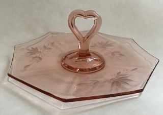 Vintage Octagonal Pink Depression Glass Candy Dish With Heart Handle 7.  5” Across