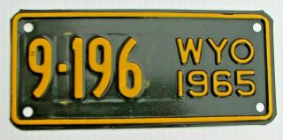 1965 Wyoming Motorcycle Cycle License Plate " 9 196 " Wy 65 Low Number