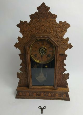 Antique William L Gilbert Geranium No.  3 With Key Wooden Ornate Parlor Clock