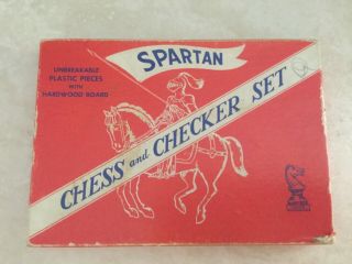 Vintage 1950’s Spartan No.  111 Travel Mini Chess And Checker Set,  Hardwood Board