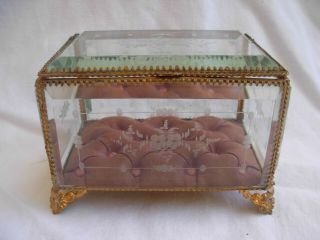Antique French Brass Etched,  Beveled Glass Jewel Box,  Late 19th Century