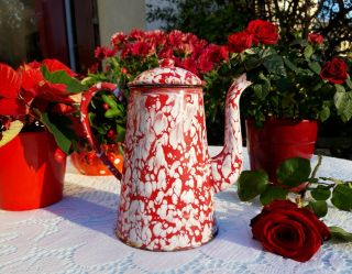 Antique Enameled French Coffee Pot Marbled Red And White 1920s Art Deco