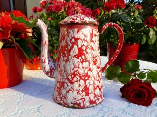 antique enameled french coffee pot marbled red and white 1920s Art Deco 2