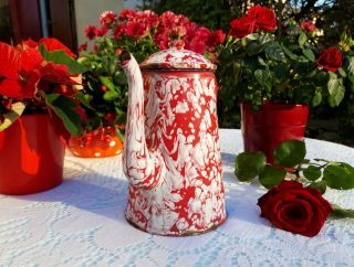 antique enameled french coffee pot marbled red and white 1920s Art Deco 3