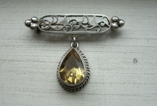 Vintage Sterling Silver Scroll Bar Pin Brooch With Dangle Pear Citrine Pendant
