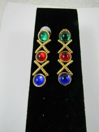 Vintage Multi Color Glass Cabochon Gold Tone Pierced Dangle Earrings 2 1/4 "