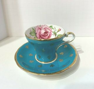 Antique Aynsley Pink Cabbage Rose Turquoise With Gold Fluer De Lis Cup & Saucer