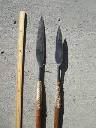Antique Hide Decorated African 46 " And 38 " Hand Forged Iron Spear Lances