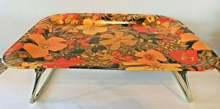Mid Century Vintage Metal Lap Tray Table Brown/black/red/orange Floral Pattern