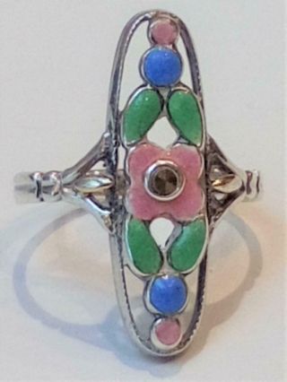 Antique Arts and Crafts Art Deco Bernard Instone Silver Enamel Marcasite Ring 3